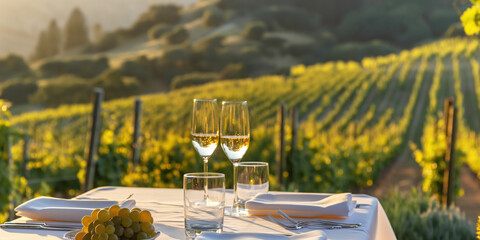 Outdoor Vineyard Dinner Setting with Wine Glasses and Sunset - 752573151