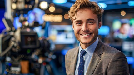 Fototapeta premium A handsome young man with a winsome smile in a professional broadcast setting