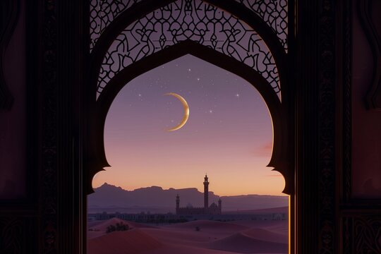 The golden crescent moon and a single star seen through the silhouette of a delicately arched window, marking the eve of Eid ul Fitr.
