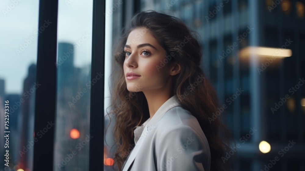 Poster a woman standing in front of a window, suitable for various projects