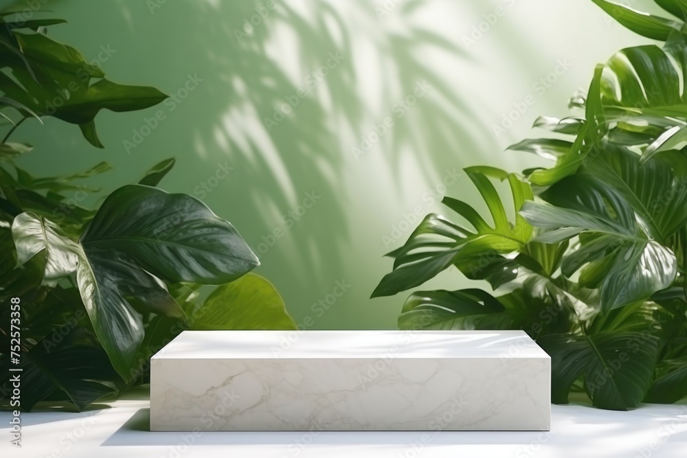 Poster a white marble box placed on a table. suitable for various interior design concepts