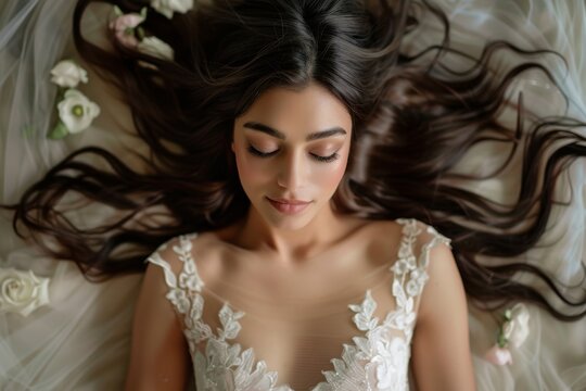 Long haired bride reclining