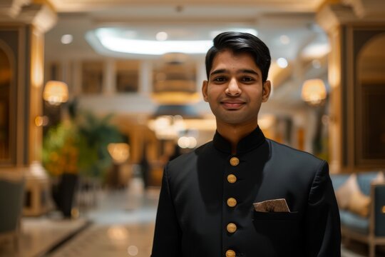 Luxury hotel lobby with young Indian porter