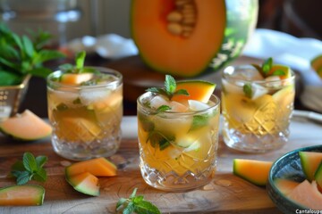 Melon beverage with cantaloupe mint and glasses