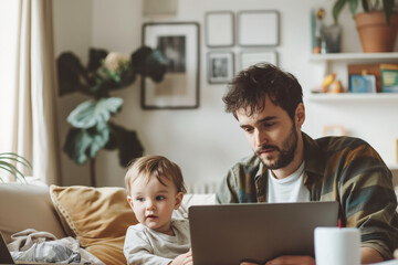 Young Father Balances Work-From-Home Duties with Toddler Child Care - 752573703