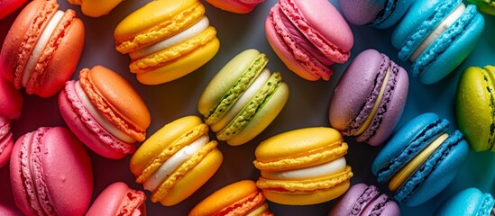 Vibrant close up of assorted colorful macarons on display at confectionery shop