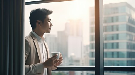 A man standing by a window holding a cup of coffee. Suitable for lifestyle and relaxation concepts