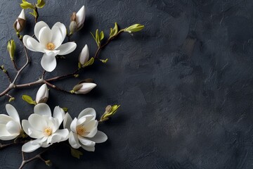 Minimalistic still life with white magnolia branch on dark backdrop Festive floral card Trendy...