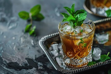 Mint julep alcoholic drink with mint ice and bourbon served on tray