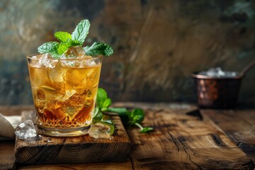 Mint julep cocktail on wooden board in pub restaurant - obrazy, fototapety, plakaty