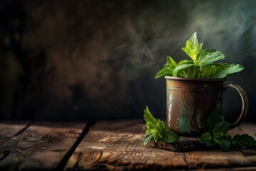 Mint julep in mug with mint leaves wooden table dark background - obrazy, fototapety, plakaty