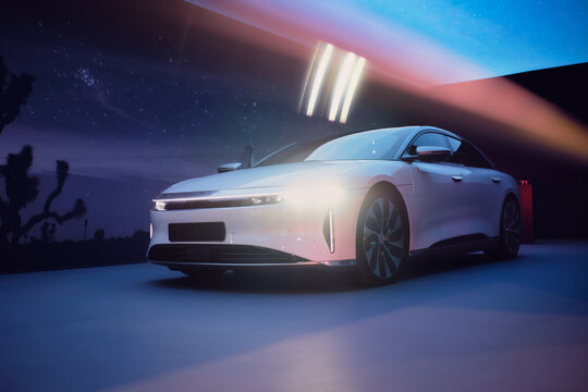 Geneva International Motor Show, Switzerland - March 3th 2024: Lucid Air new electric luxury sedan in white 