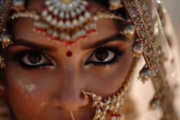 Morning preparations for an exquisite Indian bride adorned with opulent jewelry and captivating dark eyes