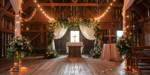 Fototapeta na wymiar Rustic Wedding Venue Interior Decorated with Flowers, Lights, Elegance