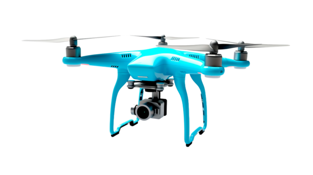 New blue flying modern grey drone quadcopter with digital camera isolated on PNG transparent or white background.


