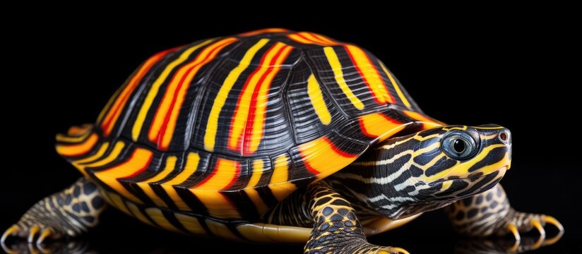 A majestic Chinese stripe-necked turtle, Mauremys sinensis, is prominently displayed against a stark black background. The turtle features a dazzling Chinese stripe-printed shell that adds a unique
