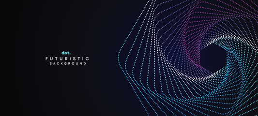 Abstract Dark Navy Blue Green Gradient Waving Circles Flowing Dot Technology Banner Background. Purple Pink Gradient Glowing Dotted Wave Digital Futuristic Diagonal Banner for Cover, Website, Header