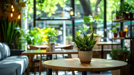 Fototapeta na wymiar Inviting image of a peaceful café setting with plants, soft lighting, and wooden furniture A serene spot for relaxation or work