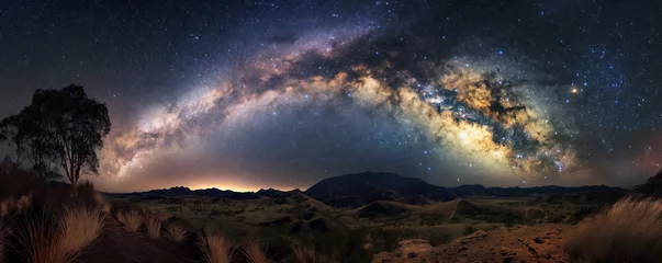 Foto op Plexiglas Stunning Panoramic Night Sky with Majestic Milky Way over Scenic Landscape © zakiroff
