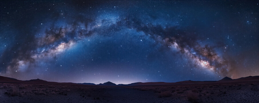 Starry Night Sky Panorama Over Desert Landscape with Milky Way. Banner