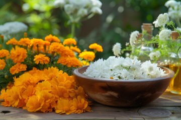 Outdoor marigolds and jasmine tea ingredients
