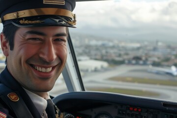 Pilot grinning airport in view