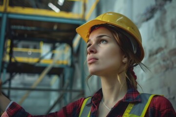 Plus sized female worker inspecting quality control at a heavy prefab concrete wall factory using yellow tape measure and wearing safety hardhat