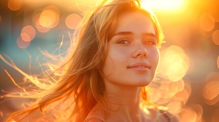 Fototapeta premium A young woman with flowing hair surrounded by sparkling lights during golden hour, creating an enchanting atmosphere