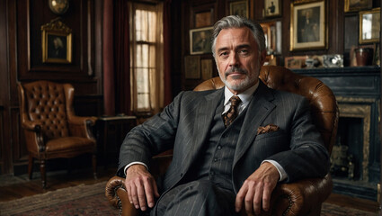 handsome senior man in vintage clothes and smoking cigar sitting in armchair wearing suit 
