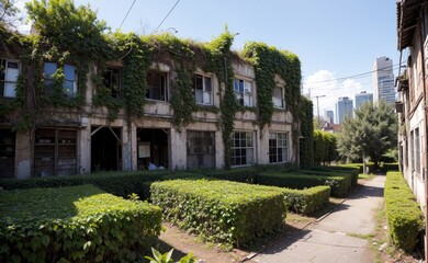 Obraz premium Abandoned town, vines everywhere. Destroyed buildings lots of bushes