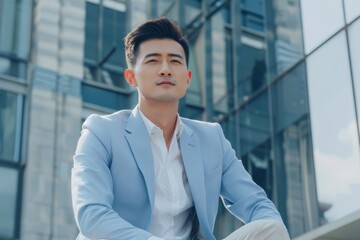 Portrait of a confident Chinese man in a light blue suit sitting with legs crossed looking away on a sunny day