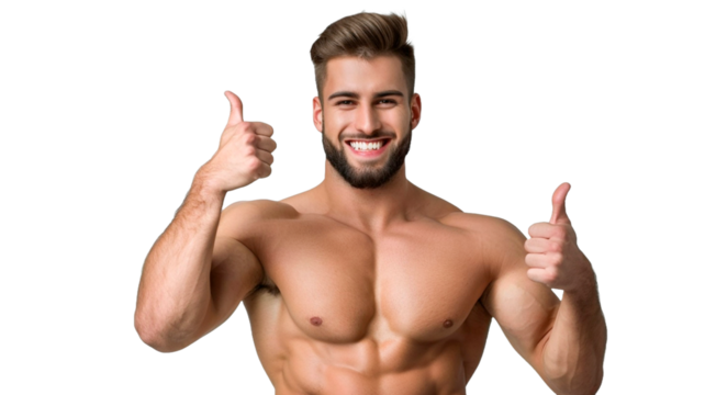 Portrait of young laughing handsome Muscular athlete bodybuilder man making thumbs up gesture isolated on PNG transparent or white background.