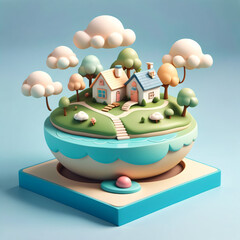 Obraz premium Charming 3D illustration of a whimsical miniature island with a cozy house and trees.
