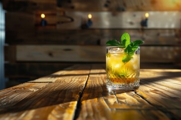 Wooden background with mint julep in glass - obrazy, fototapety, plakaty