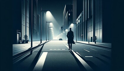 Solitary Figure Walking Down an Empty Urban Street at Night