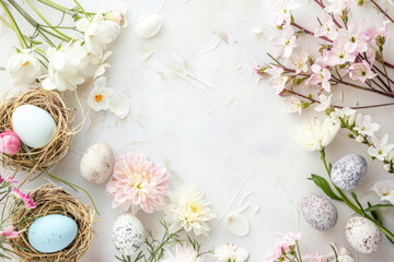 Happy Easter background with eggs in nest, spring flowers and copy space. Flat lay. Greeting card - 752575325