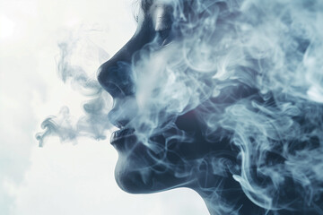 Double exposure abstract background of woman face and smokes. Mental health, depression, stress, overwork, anxiety issues concept