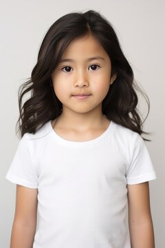 Small child portrait of Asian girl in white t shirt on white background