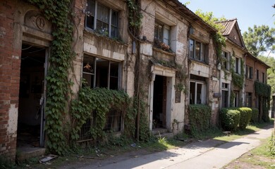 Fototapeta premium Abandoned town, vines everywhere. Destroyed buildings lots of bushes