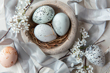 Happy Easter background with eggs in nest, spring flowers and copy space. Flat lay. Greeting card - 752575541