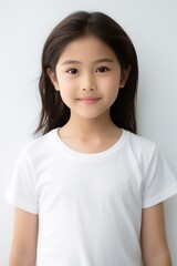 A portrait of a beautiful little Asian girl looking into the camera in a white t shirt. isolated on a white background