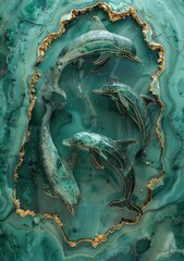 Agate stone inspired artwork with gold-veined dolphins