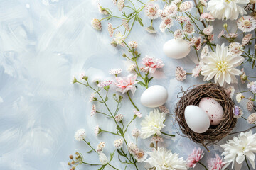 Happy Easter background with eggs in nest, spring flowers and copy space. Flat lay. Greeting card - 752575951