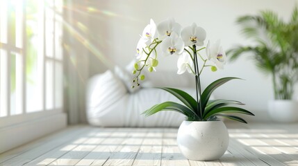 A beautiful potted Phalaenopsis orchid in a bright room - obrazy, fototapety, plakaty