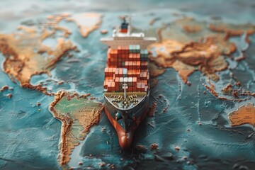 Cargo ship loaded with containers on a stylized world map - obrazy, fototapety, plakaty