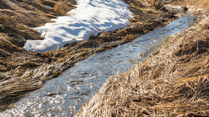 A stream of meltwater flows between banks of dry grass and the last of the melting snow. Spring landscape on a sunny day.