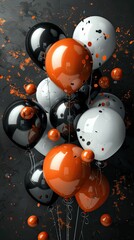 Halloween-themed balloons in black and orange tones float against a dark, splattered backdrop