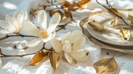 Fototapeta na wymiar A branch with beautiful white magnolia flowers lies on a white tablecloth next to gold leaves and dishes. Nature background. Springtime