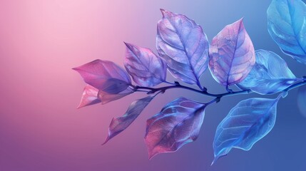 A branch with translucent glass or plastic leaves in blue-violet colors on a gradient background