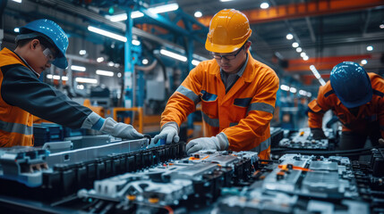 Chinese technician working on EV car battery cells module in a electric vehicle factory